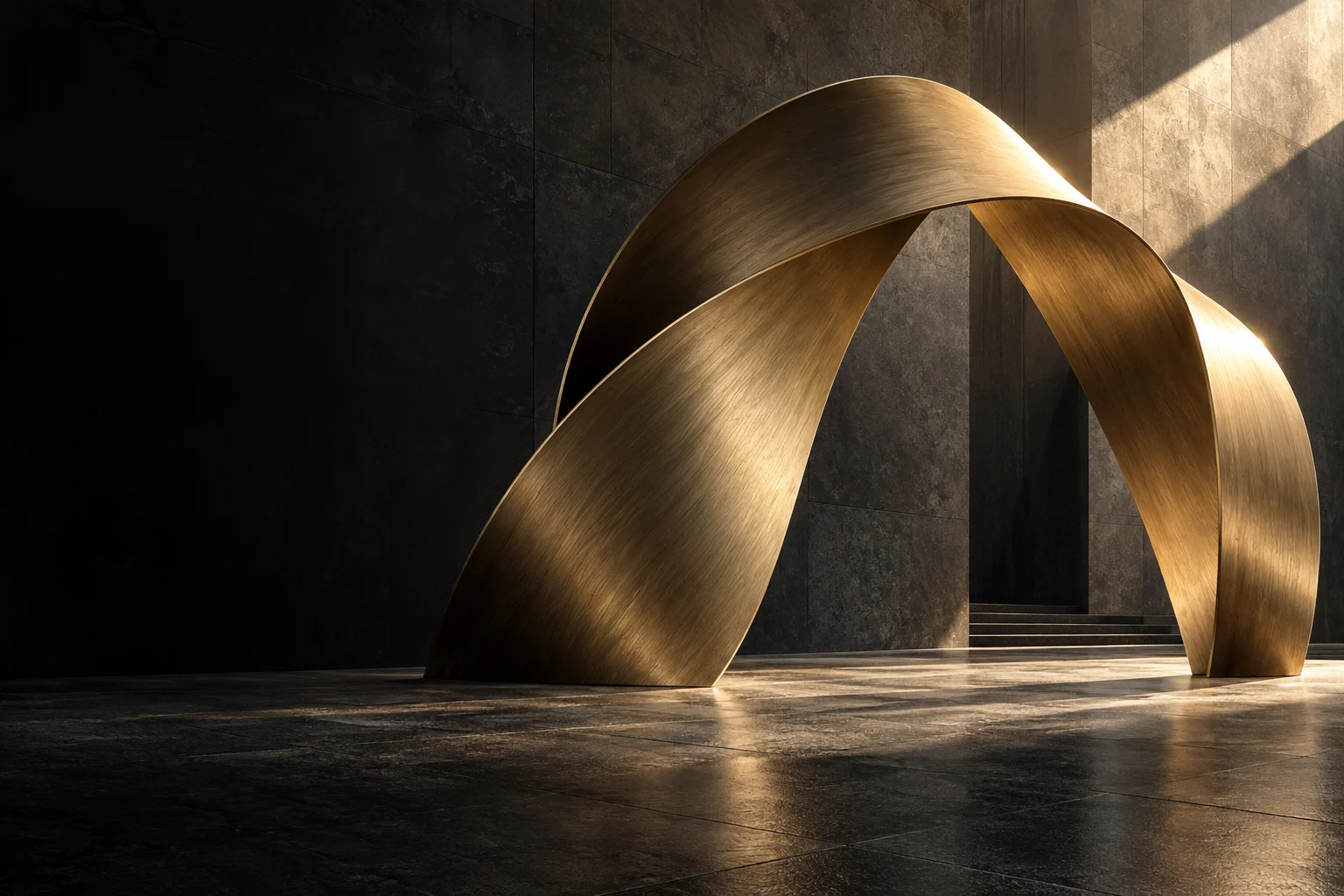 A sculptural gold bridge connecting two sides of an architectural space